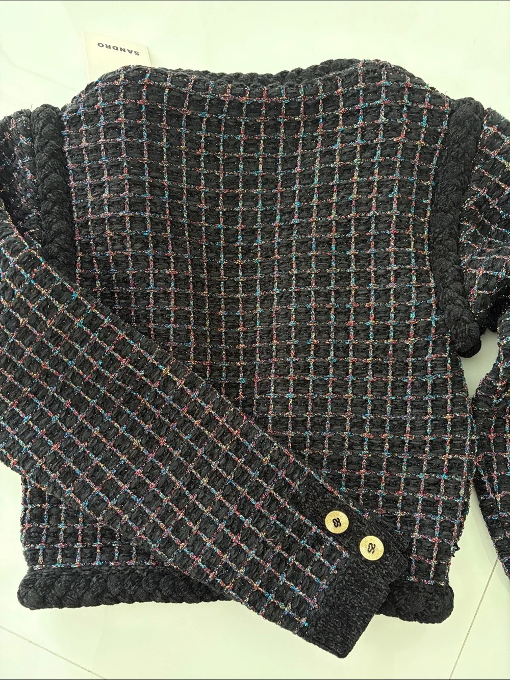 Sandro Black Tweed Jacket with Multicolor Threading